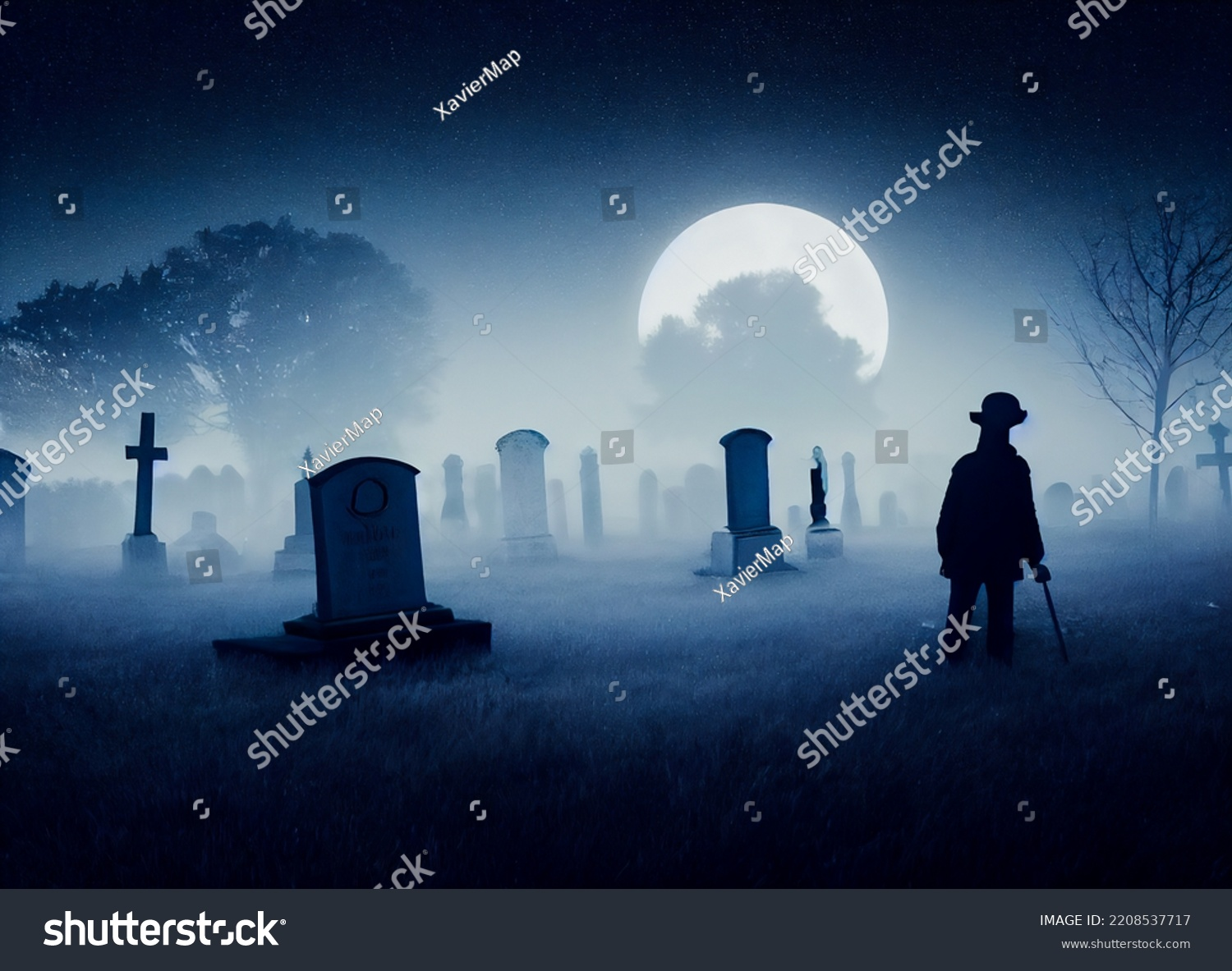 Mysterious silhouette of a man wondering across an old cemetery