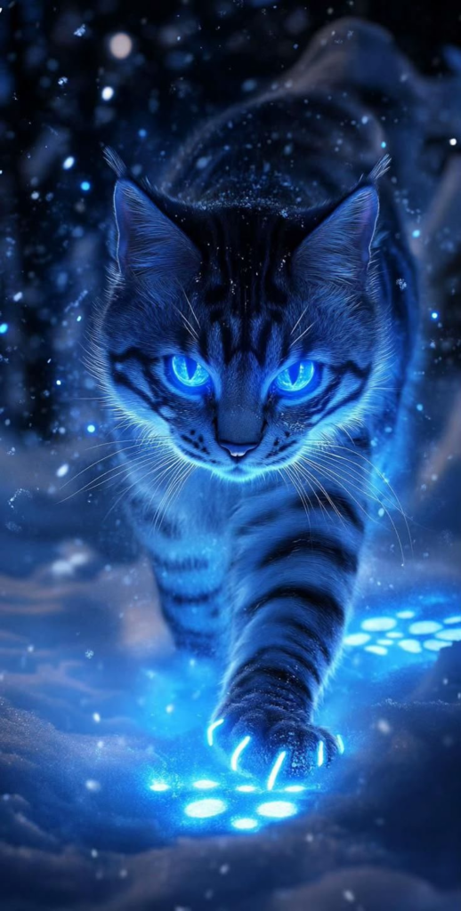 Magical cat glowing blue steps forward into camers