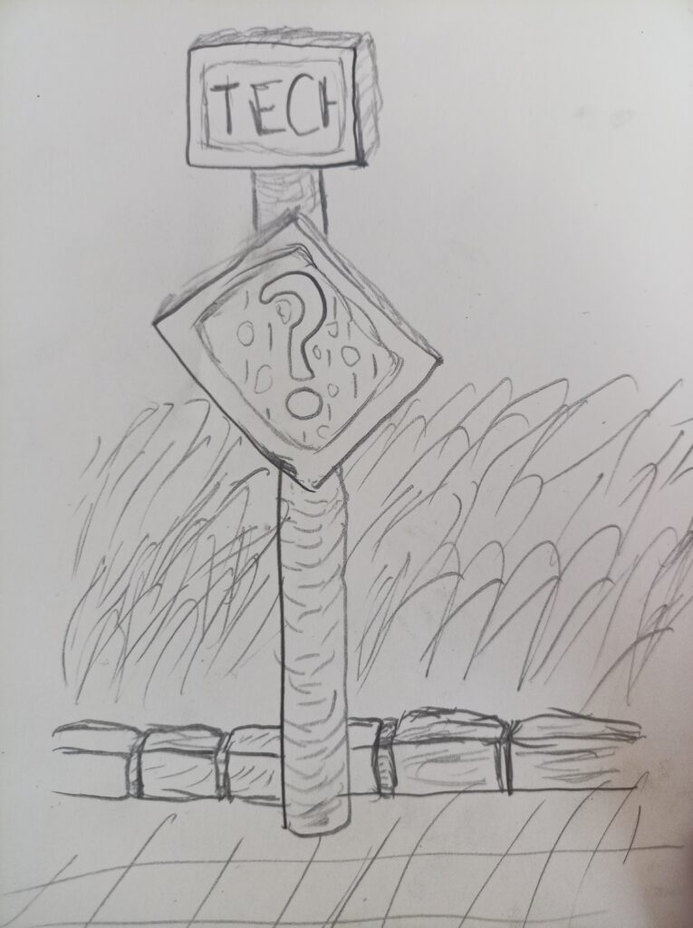 Road sign of question on are  bollard with an electronic label endlessly scrolling text TECH.
