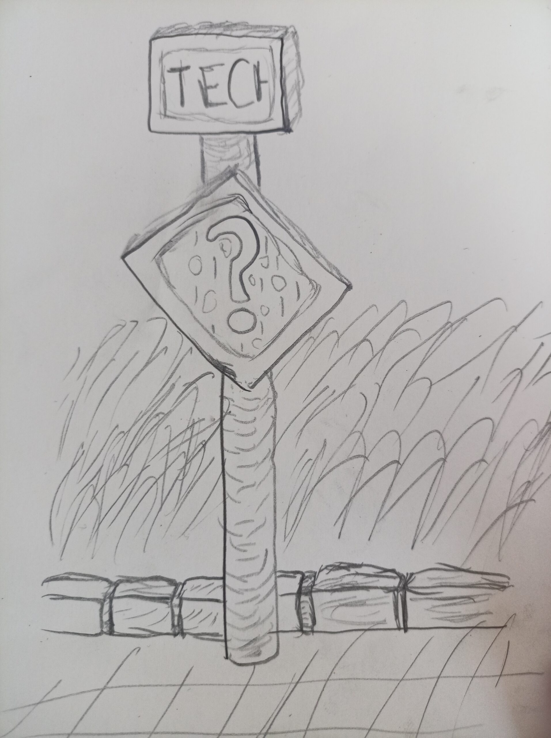Road sign of question on are bollard with an electronic label endlessly scrolling text TECH.