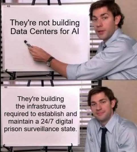 Man, brunette shown wearing black tie and office shirt. He shown with 2 slides on background. First slide has text
They're not building Data Centers for AI
Second slide has text
They're building the infrastructure required to establish and maintain a 24/7 digital prison surveillance state.